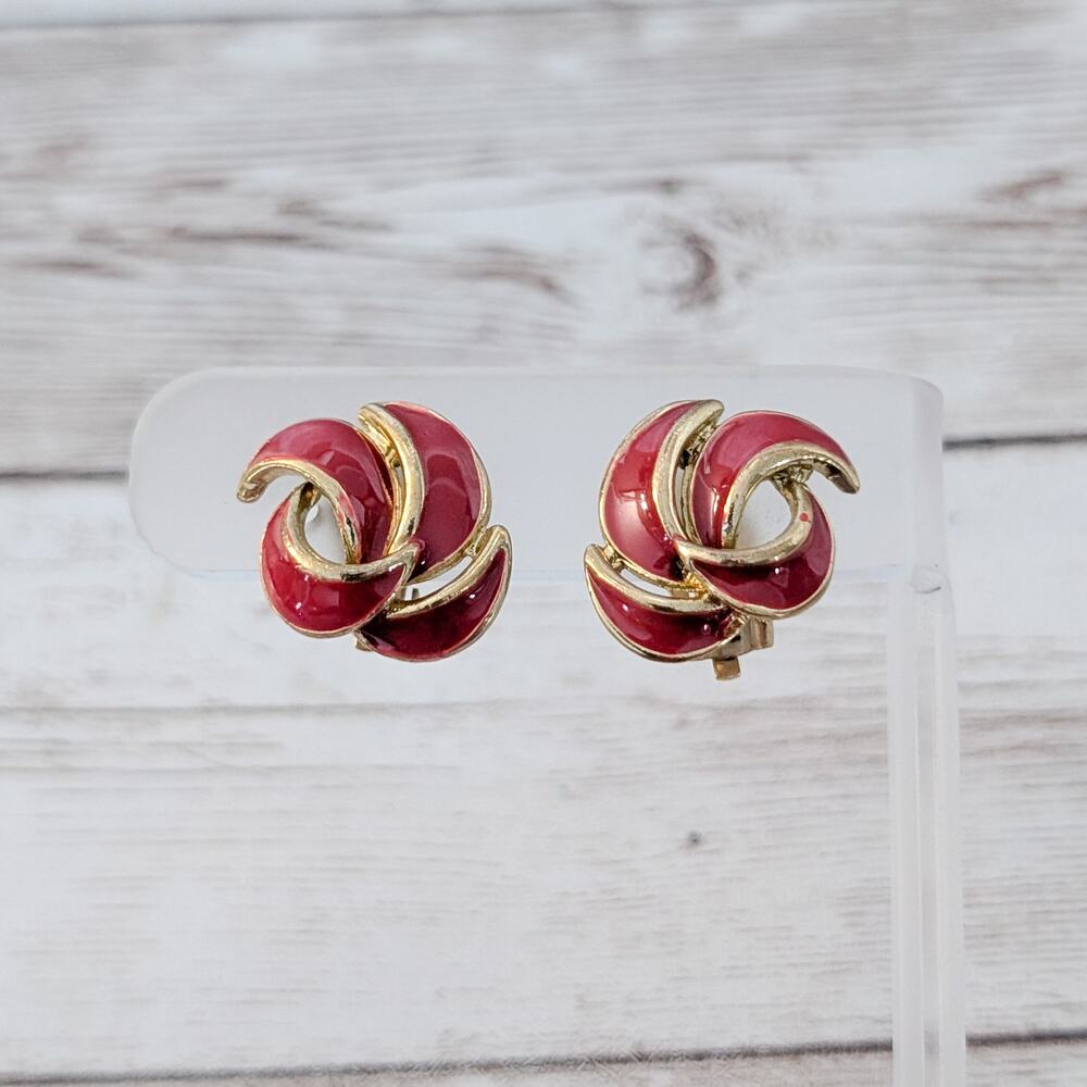 Vintage Clip On Earrings Gold Tone & Red Enamel Statement 7/8"